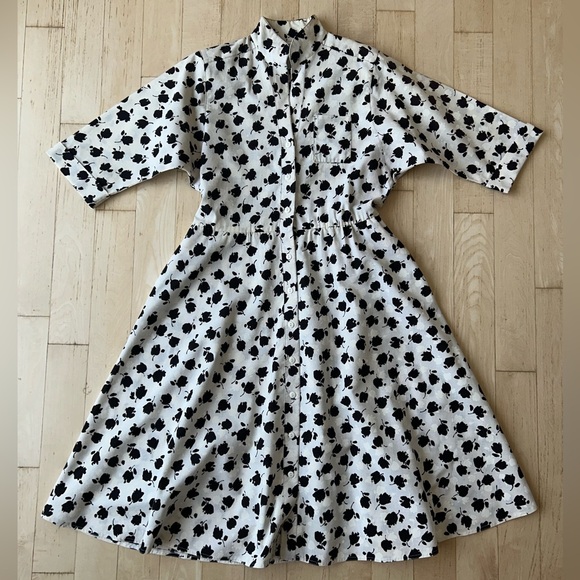 Vintage Dresses & Skirts - Vintage 70s 80s Petites by Willi Cotton Shirtwaist Dress Black/Ivory Floral Sz 8